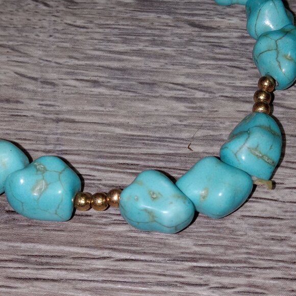 Vintage Boho Bead Bracelet Turquoise & Gold Nugget Stretch Statement Healing - Picture 2 of 5
